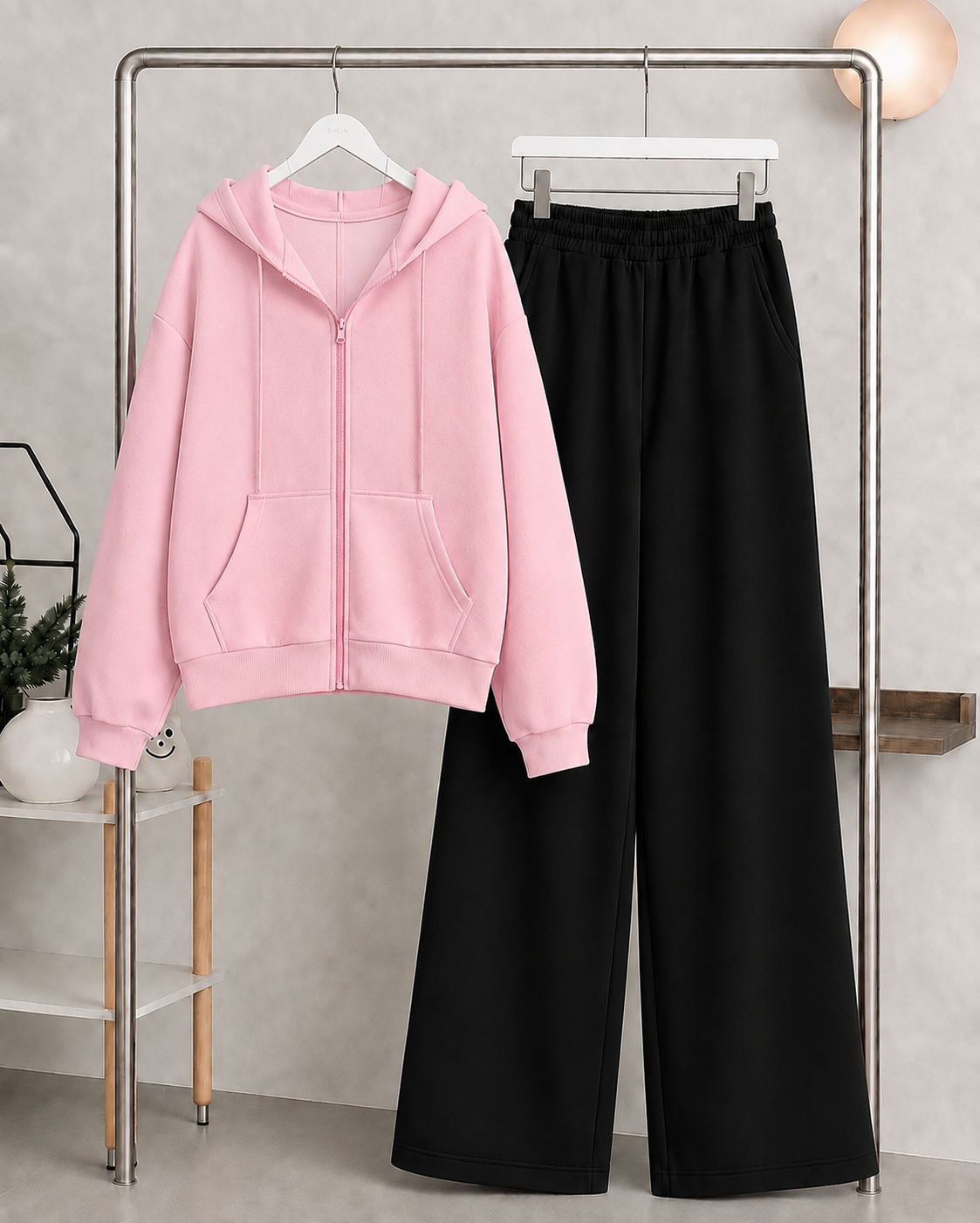 Pink Zipper Hoodie with   Black Flapper Trouser Tracksuit