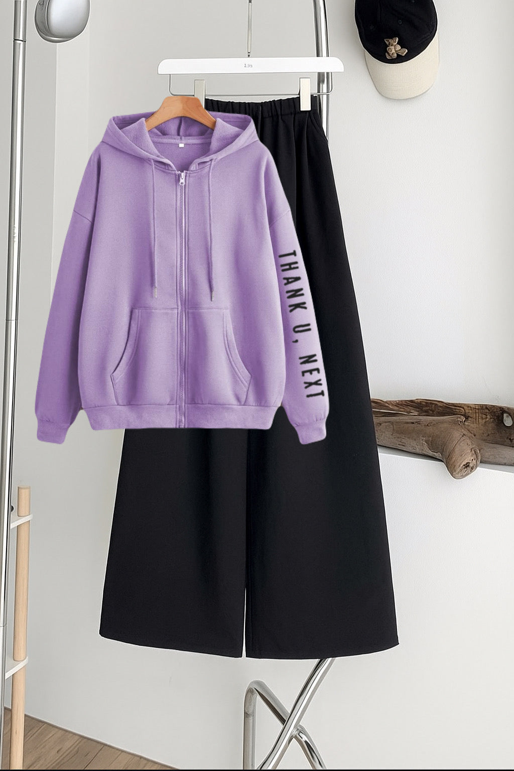 Thank u next sleeves Zipper Hoodie with Black  Flapper Trouser Tracksuit – Lilac