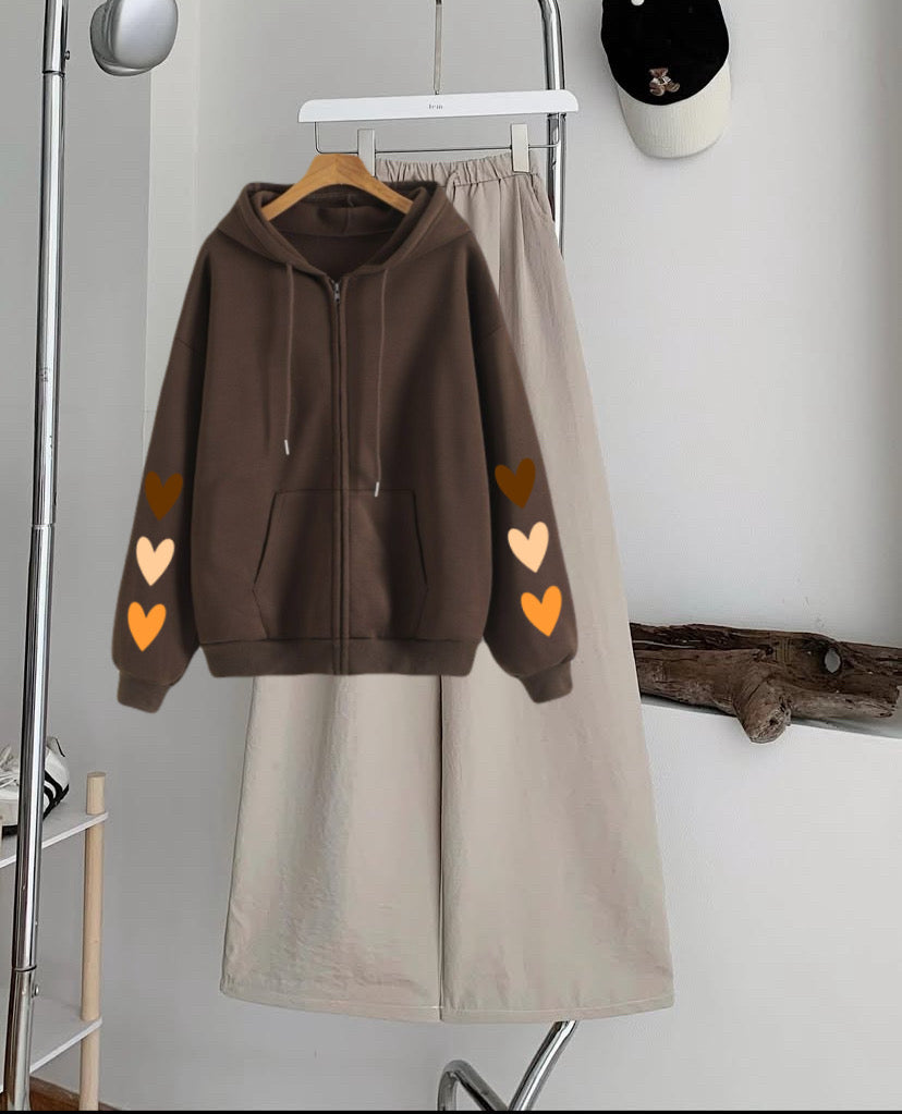 Heartesleeves Zipper Hoodie with Skin  Flapper Trouser Tracksuit – Brown