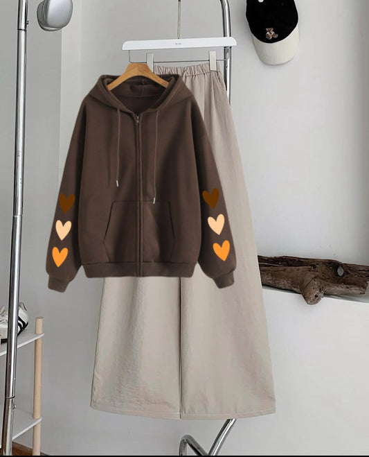 Heartesleeves Zipper Hoodie with Skin  Flapper Trouser Tracksuit – Brown