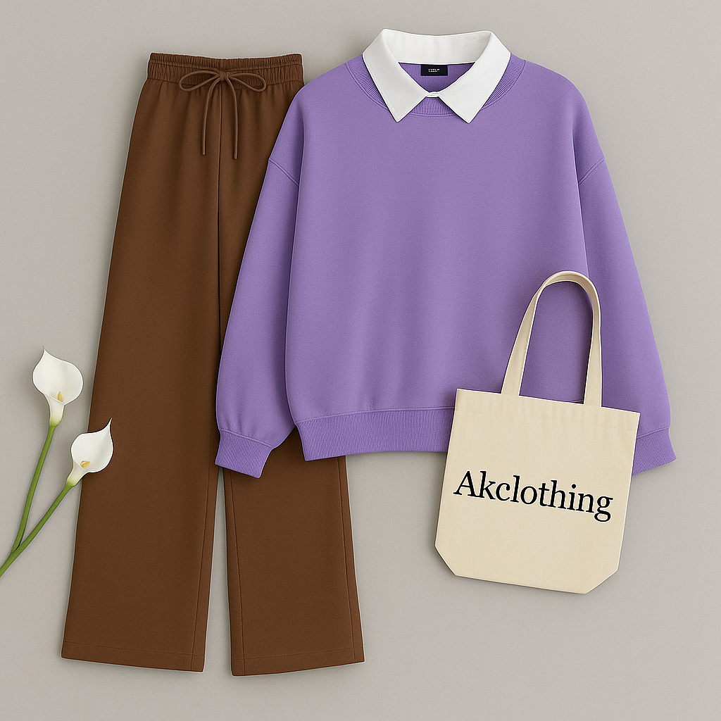 Lilac Collar Sweatshirt with Brown Flapper Trouser