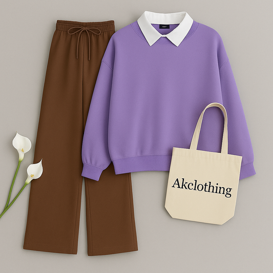 Lilac Collar Sweatshirt with Brown Flapper Trouser