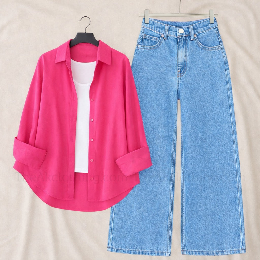 Pack of 3 dark pink Button down + Inner With Sky Wide leg Jeans