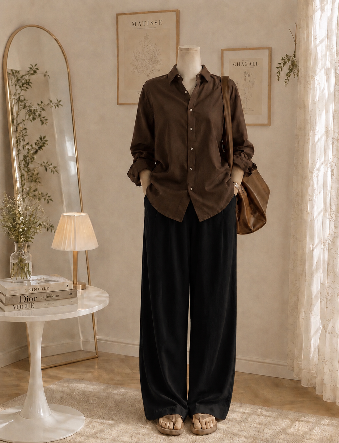 Brown button down with Black Flapper Trouser