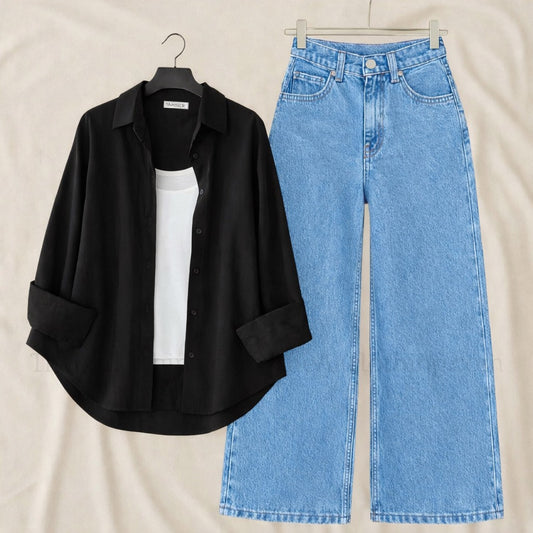 Pack of 3 Black Button down + Inner With Sky Wide leg Jeans
