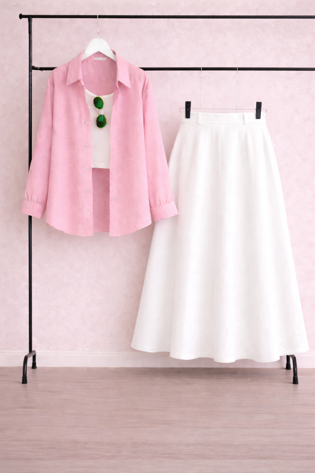 Pack of 3 Pink Button down + Tanktop  With White Skirt