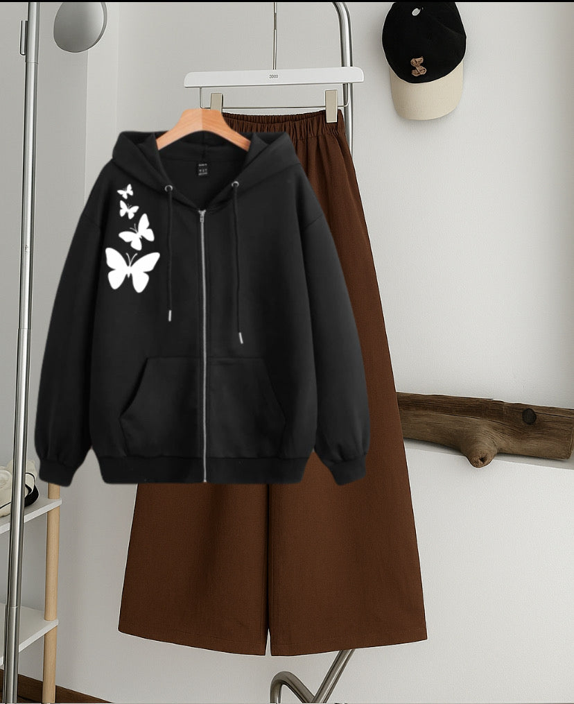 3Shoulder butterfly Zipper Hoodie with Brown  Flapper Trouser Tracksuit – Black