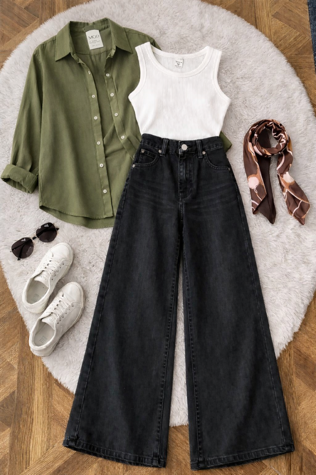 Pack of 3 Olive Button down + Tanktop  With Black Wide leg Jeans