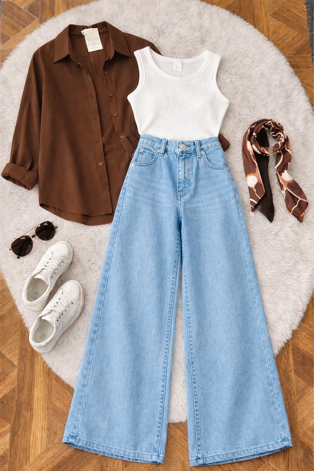 Pack of 3 Brown Button down + Tanktop  With Sky  Wide leg Jeans