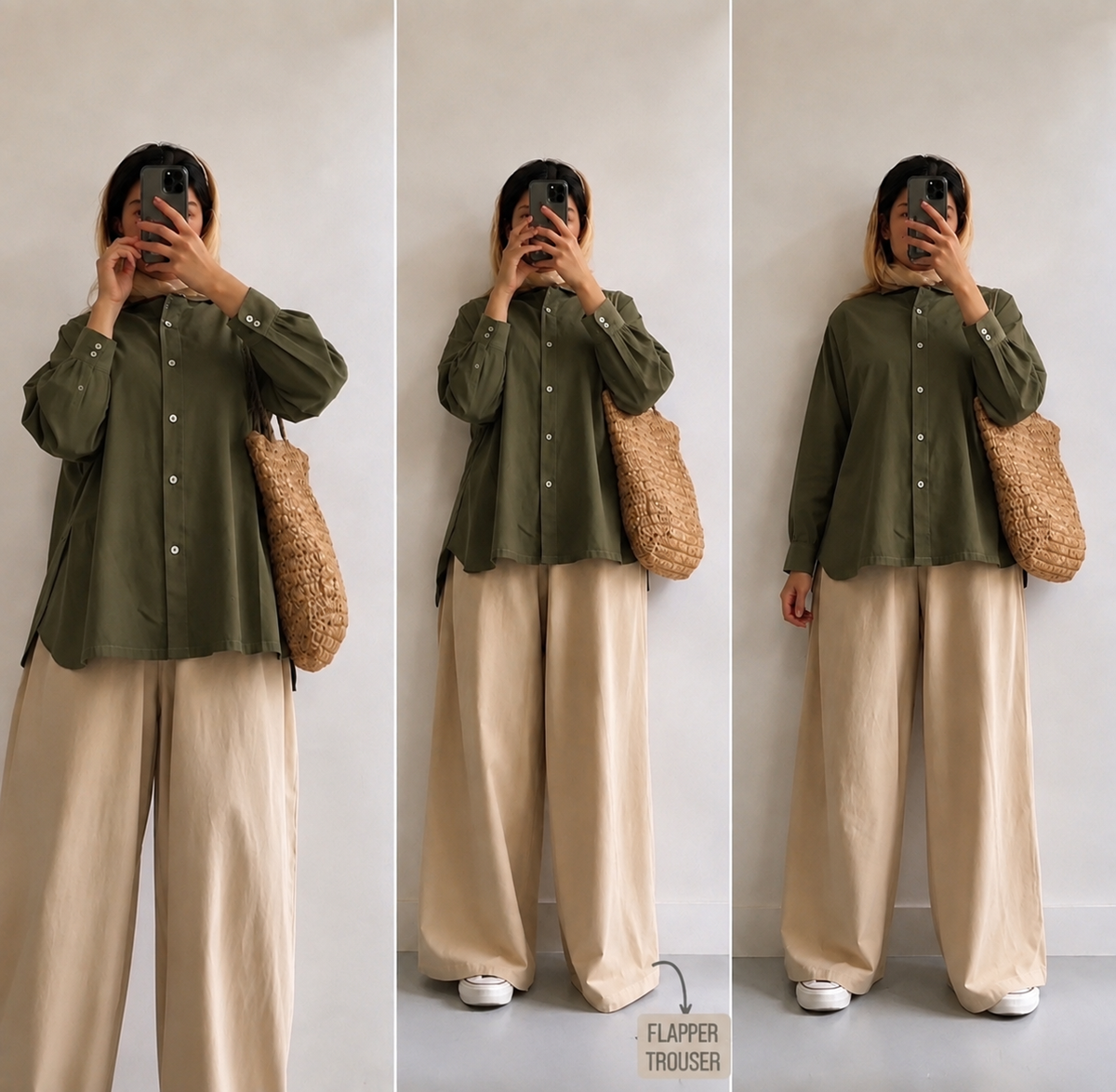 Olive button down with Beige Flapper Cordset