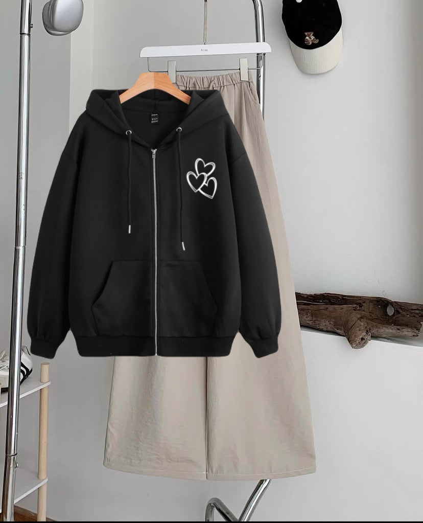 3 Heartp Zipper Hoodie with Skin  Flapper Trouser Tracksuit – Black