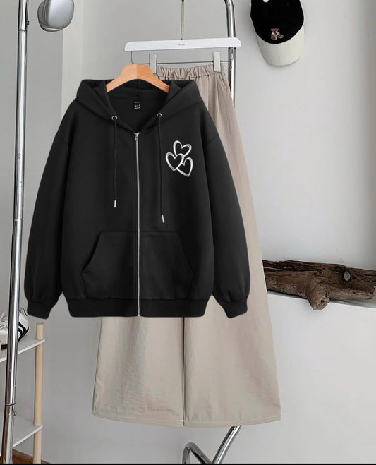 3 Heartp Zipper Hoodie with Skin  Flapper Trouser Tracksuit – Black