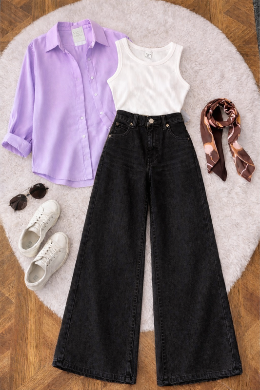 Pack of 3 Lilac Button down + Tanktop  With Black Wide leg Jeans