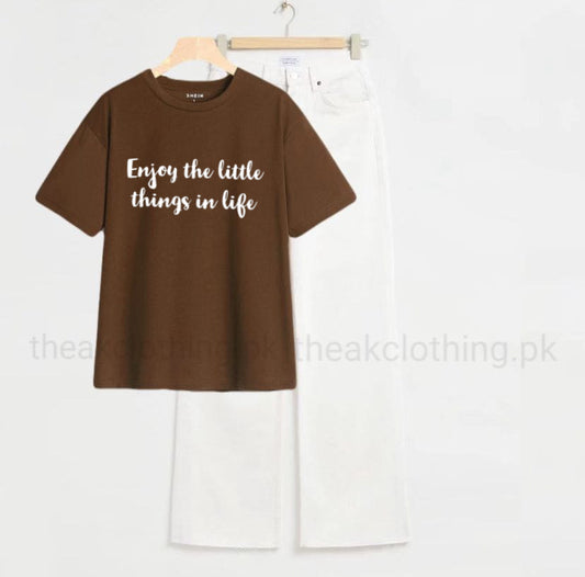 White wide leg jeans + Brown  tshirt enjoy the little thing