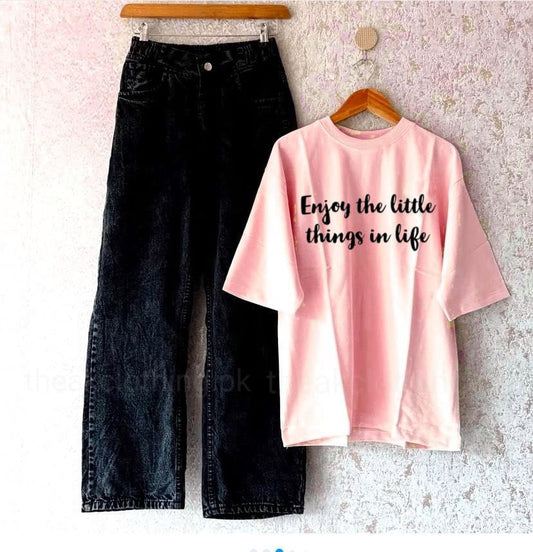 Black wide leg jeans + pink  tshirt enjoy the little thing