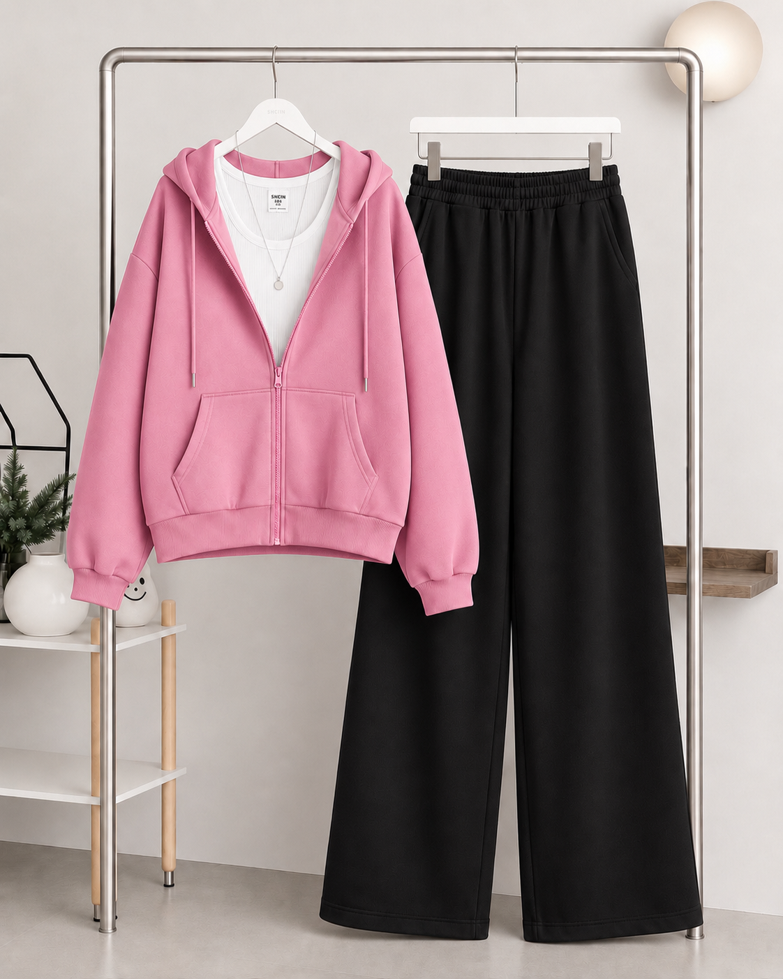 Pink Zipper + Inner with   Black Flapper Trouser Tracksuit