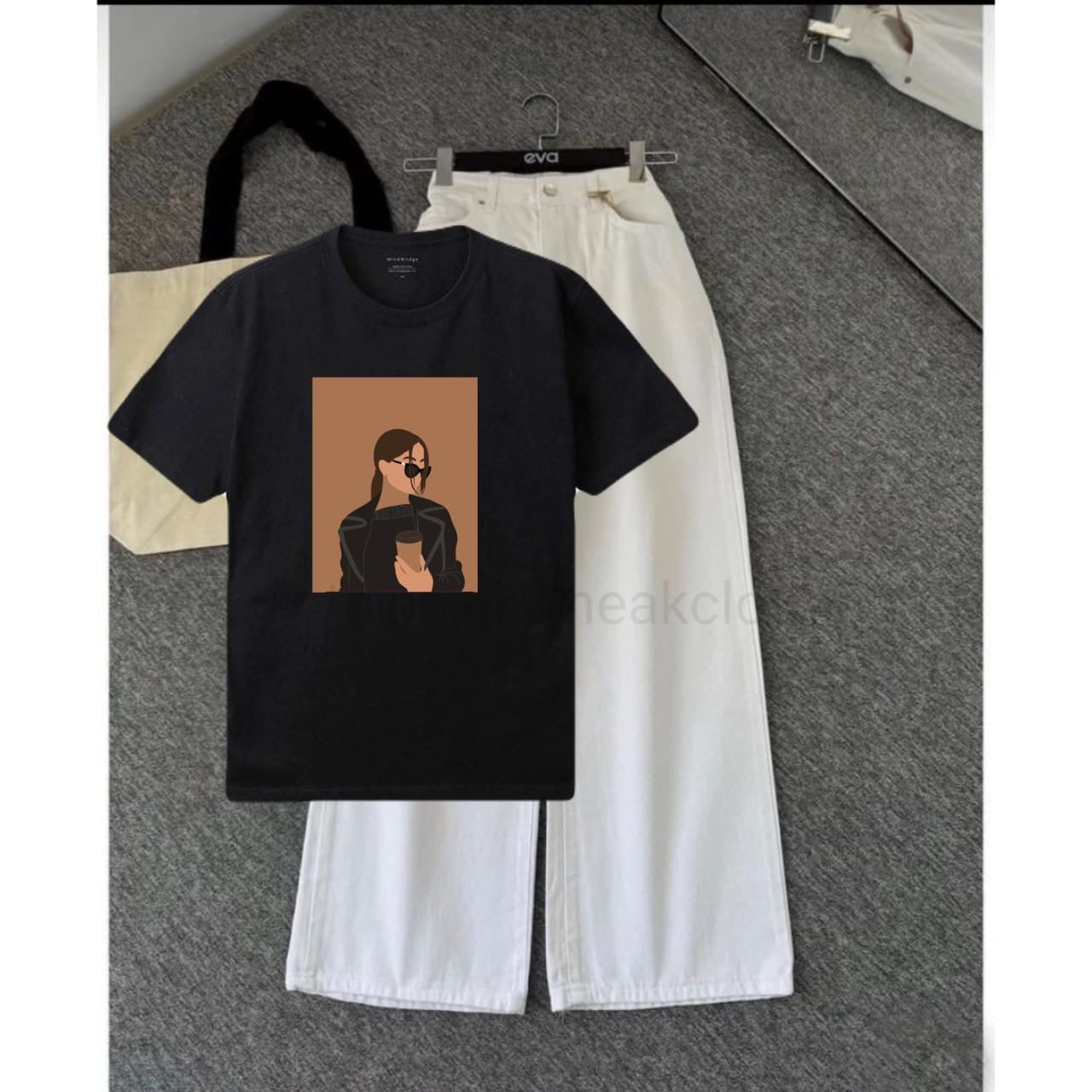 White wide leg jeans + Black  tshirt coffee girl