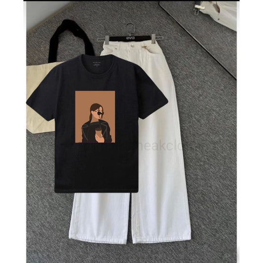 White wide leg jeans + Black  tshirt coffee girl