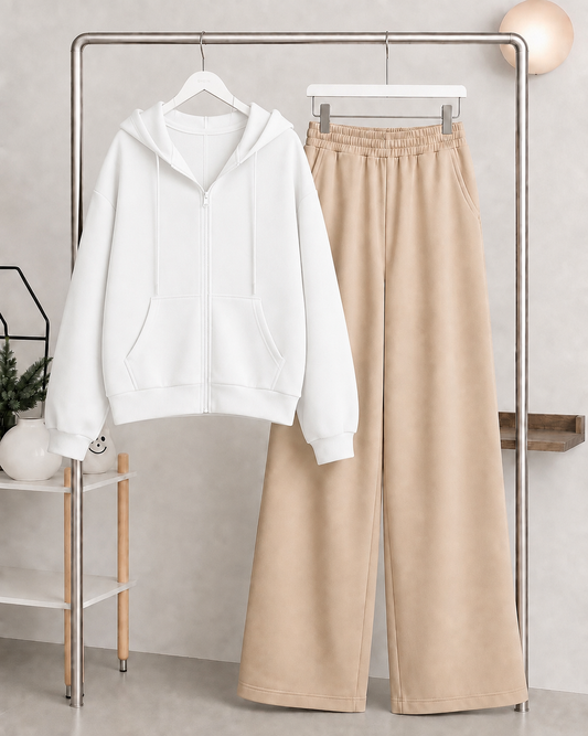 White Zipper Hoodie with  Skin Flapper Trouser Tracksuit
