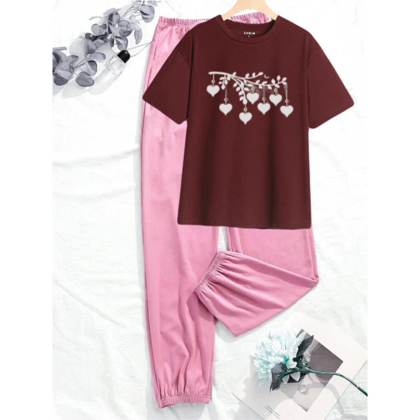 Tree heart maroon tshirt pink trouser Summer tracksuit