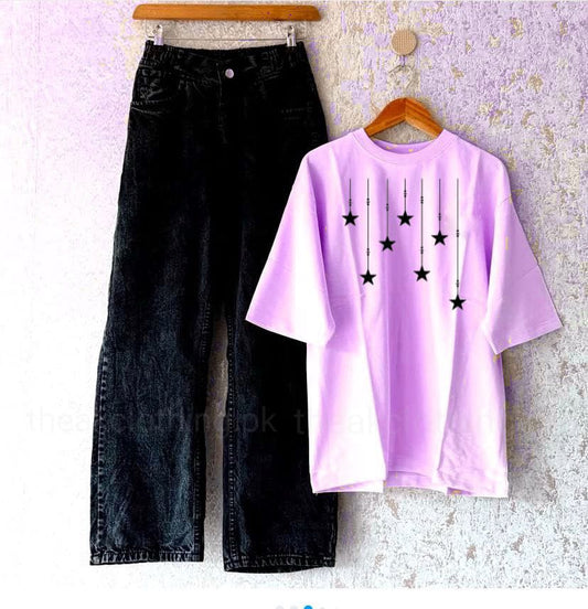 Black wide leg jeans +Lilac  tshirt Stars