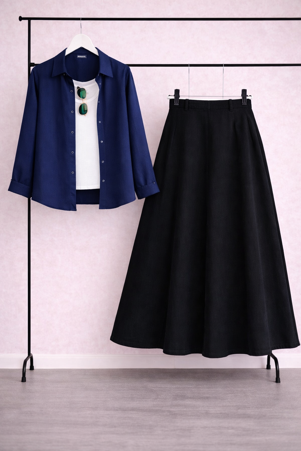 Pack of 3 Navy Button down + Tanktop  With Black Skirt