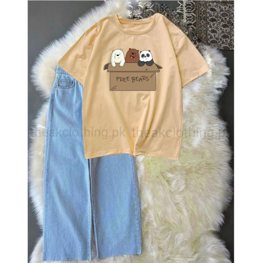 Sky wide leg jeans + Beige  tshirt Free bear