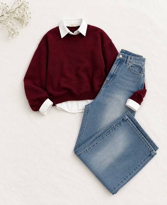 3-Piece Maroon Sweatshirt, Button Down Shirt & Sky Vintage wide leg jeans