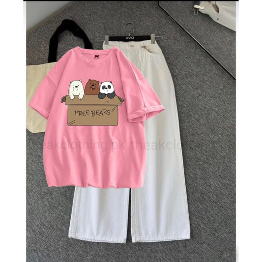 White wide leg jeans + Pink  tshirt Free bear