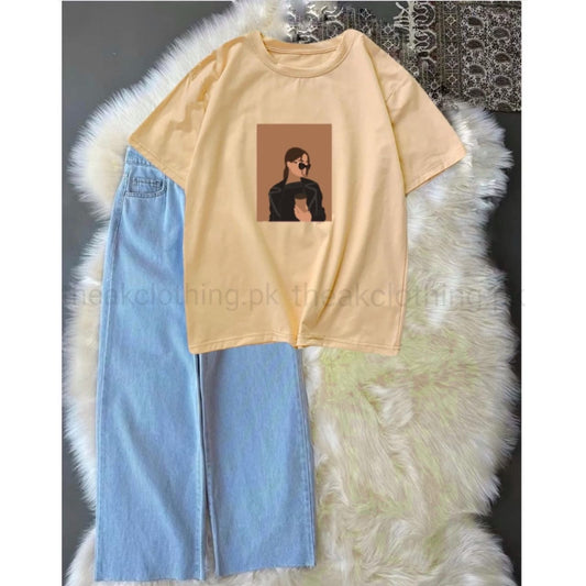 Sky wide leg jeans + Beige  tshirt Coffee girl