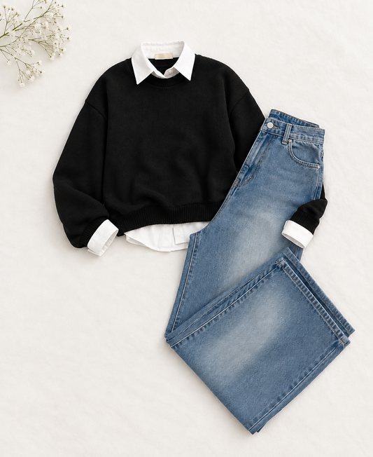 3-Piece Black Sweatshirt, Button Down Shirt & Sky Vintage wide leg jeans