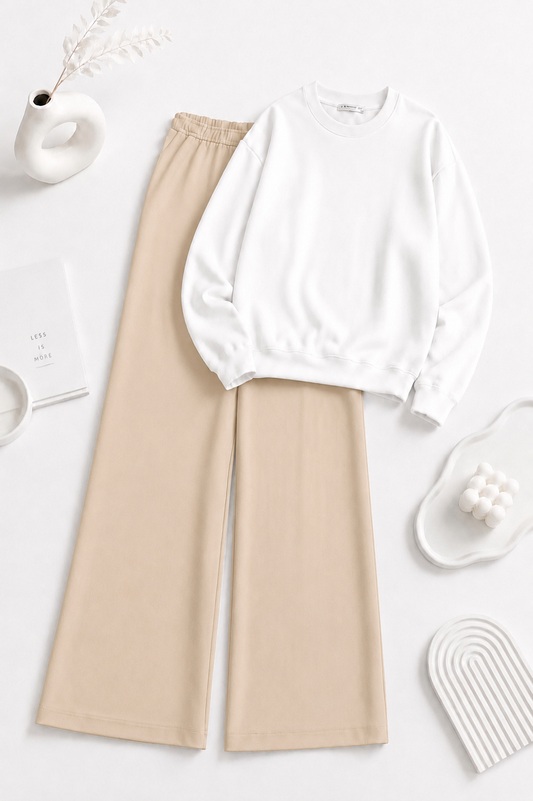 White Sweatshirt with  Beige Flapper Trouser Tracksuit