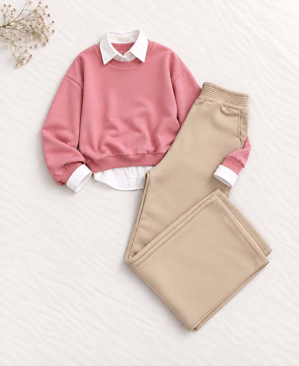 3-Piece Pink Sweatshirt, Button Down Shirt & Beige Flapper Trouser Set