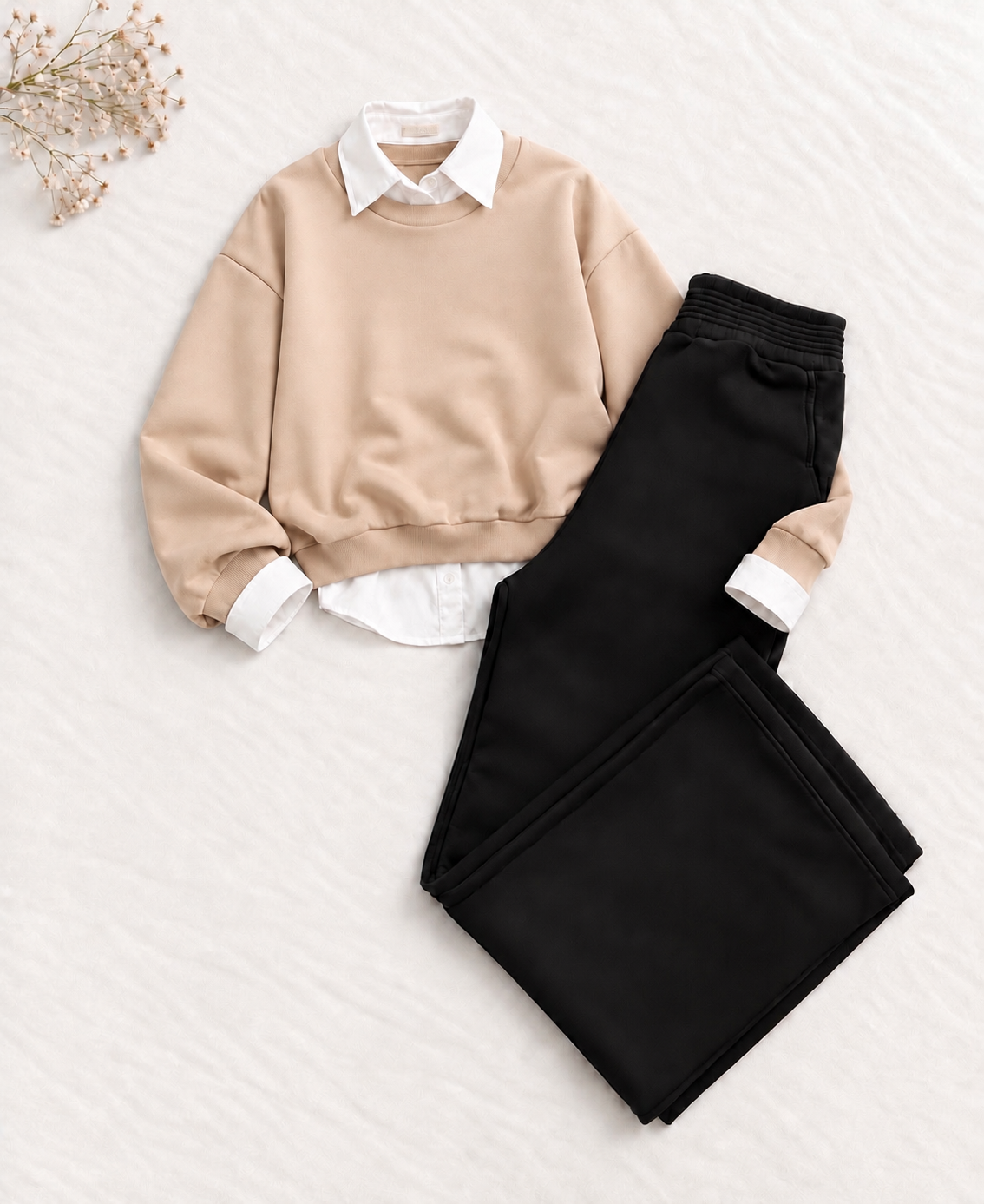 3-Piece Beige Sweatshirt, Button Down Shirt & Black Flapper Trouser Set