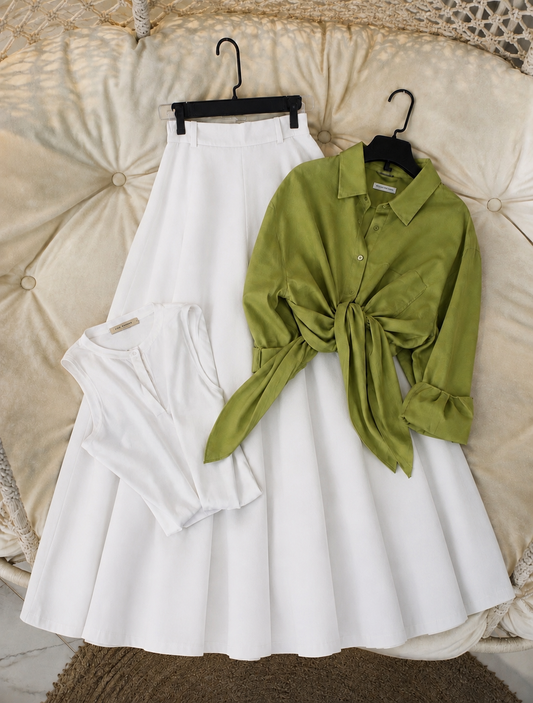 Pack of 3 of Olive Button down with tank top + white Skirt