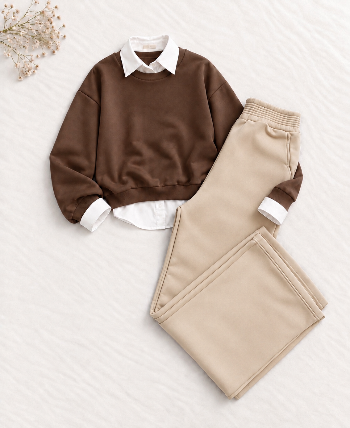 3-Piece Brown Sweatshirt, Button Down Shirt & Beige Flapper Trouser Set