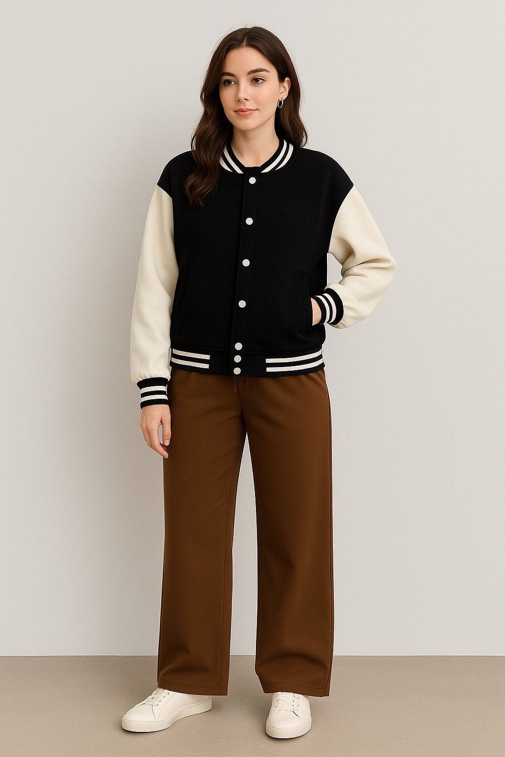 Black Varsity Jacket With Brown Flapper Trouser