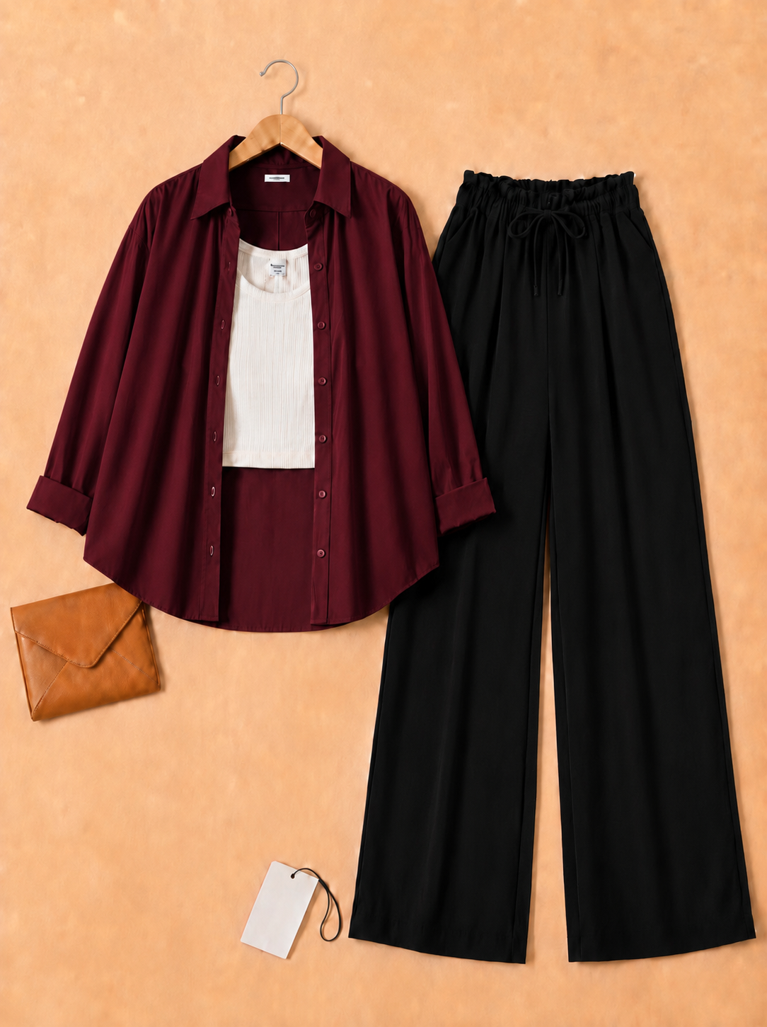Maroon button down with inner + Black flapper Trouser