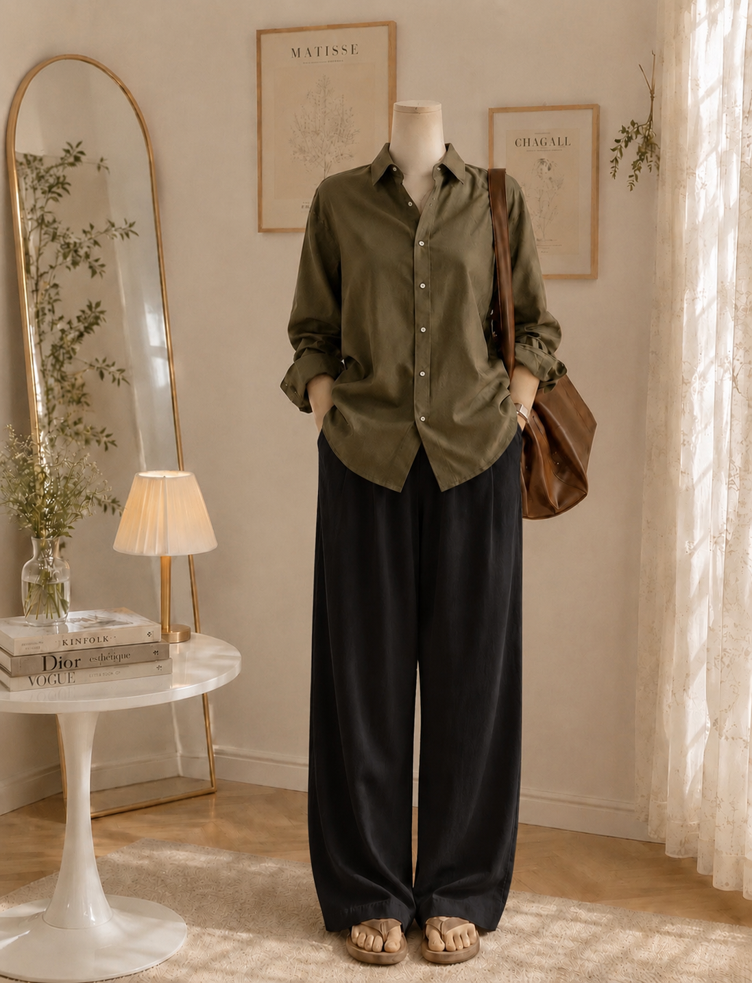 Olive button down with Black Flapper Trouser