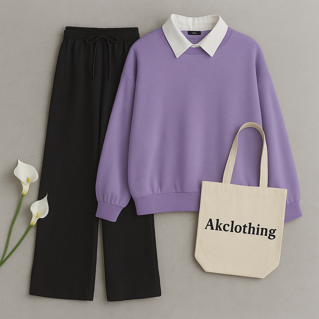 Lilac Collar Sweatshirt with Black Flapper Trouser