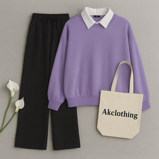 Lilac Collar Sweatshirt with Black Flapper Trouser