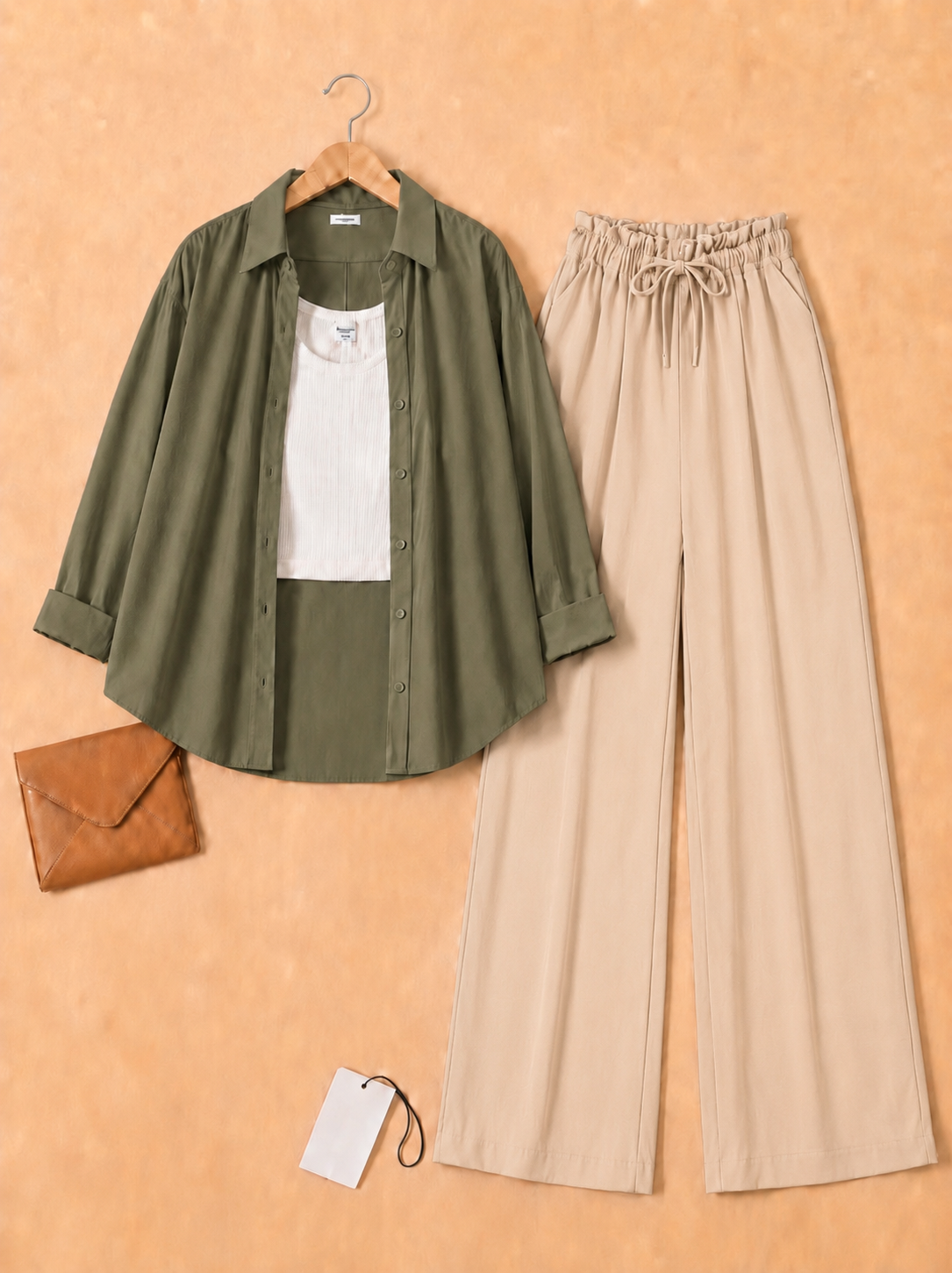 Olive button down with inner + Beige flapper Trouser