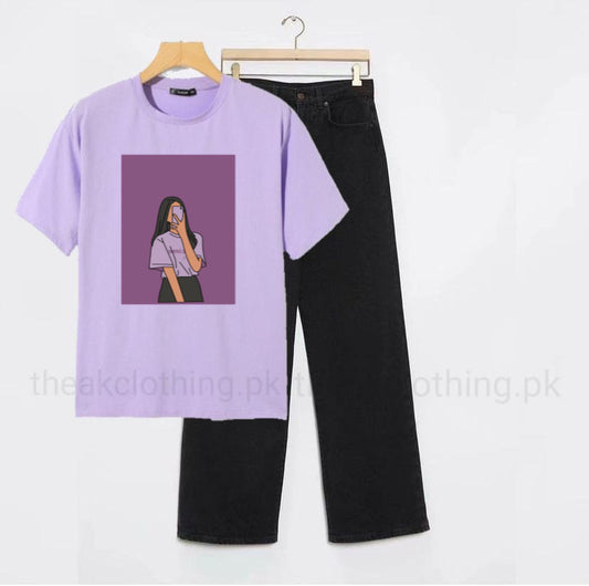 Black wide leg jeans +Lilac  tshirt Selfie Girl