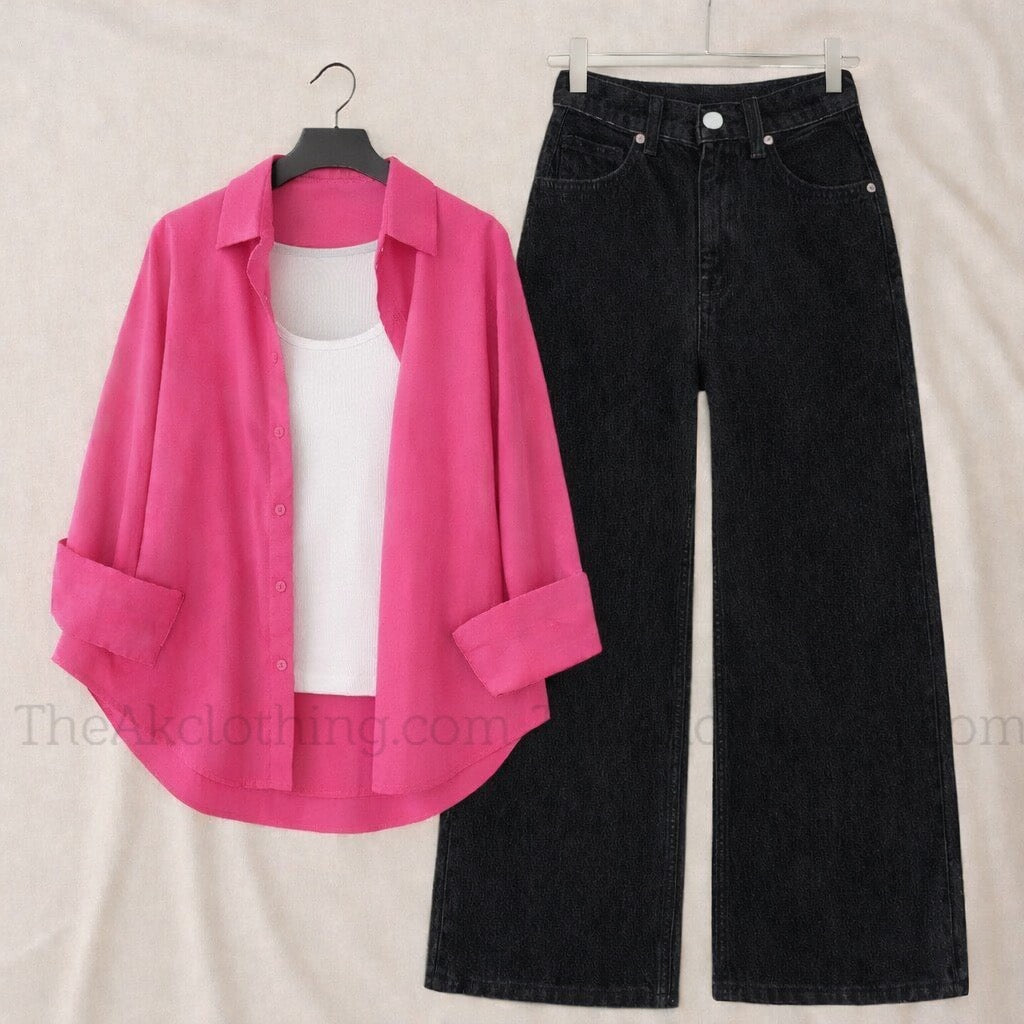 Pack of 3 dark pink Button down + Inner With Black Wide leg Jeans