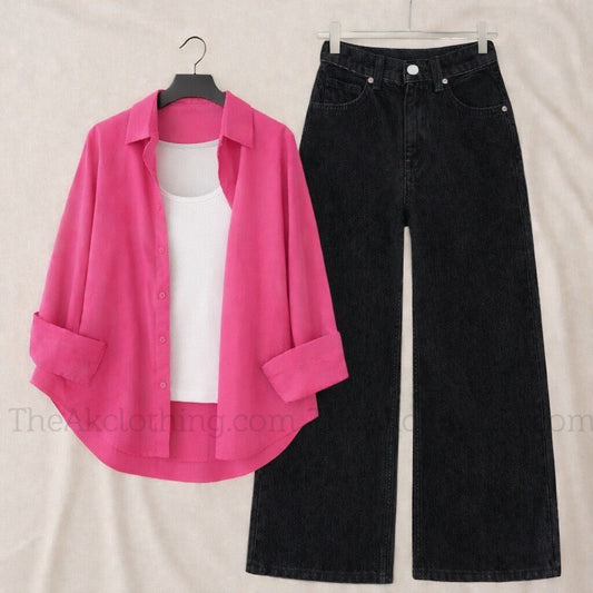 Pack of 3 dark pink Button down + Inner With Black Wide leg Jeans