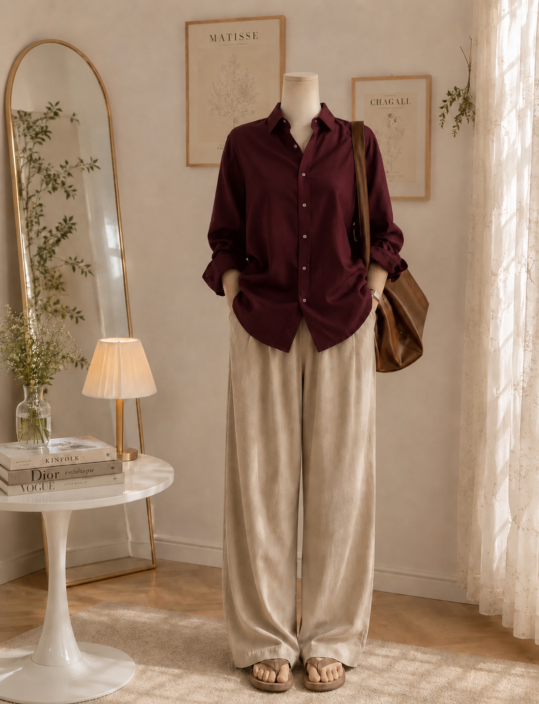 Maroon button down with Beige Flapper Trouser