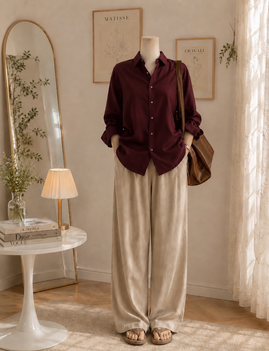 Maroon button down with Beige Flapper Trouser