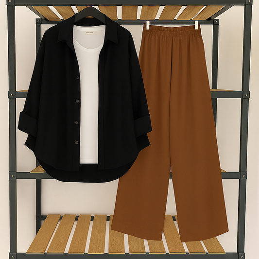 Black button down with inner + brown flapper Trouser