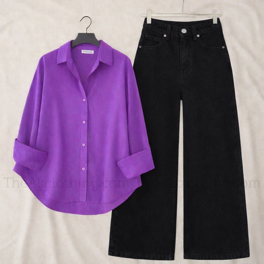 Pack of 2 Purple Button down With Black Wide leg Jeans