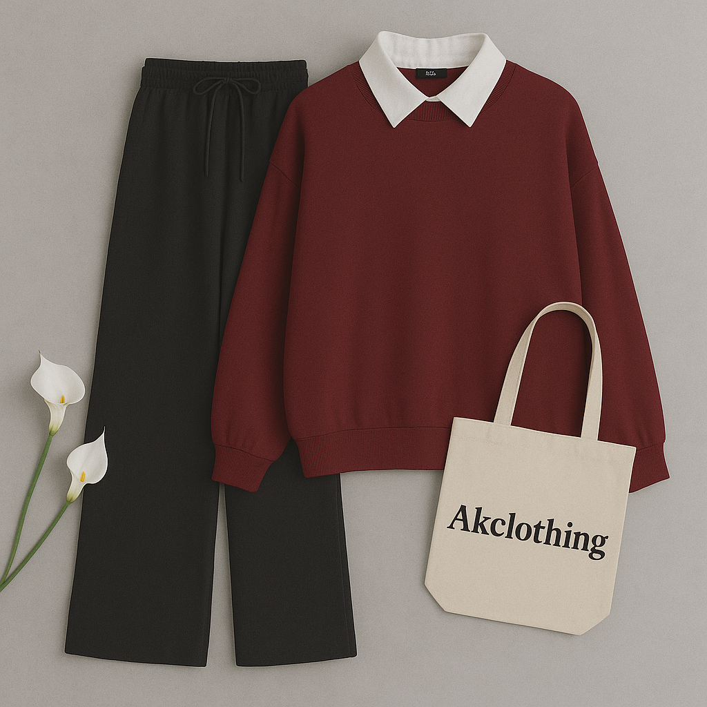 Maroon Collar Sweatshirt with Black Flapper Trouser